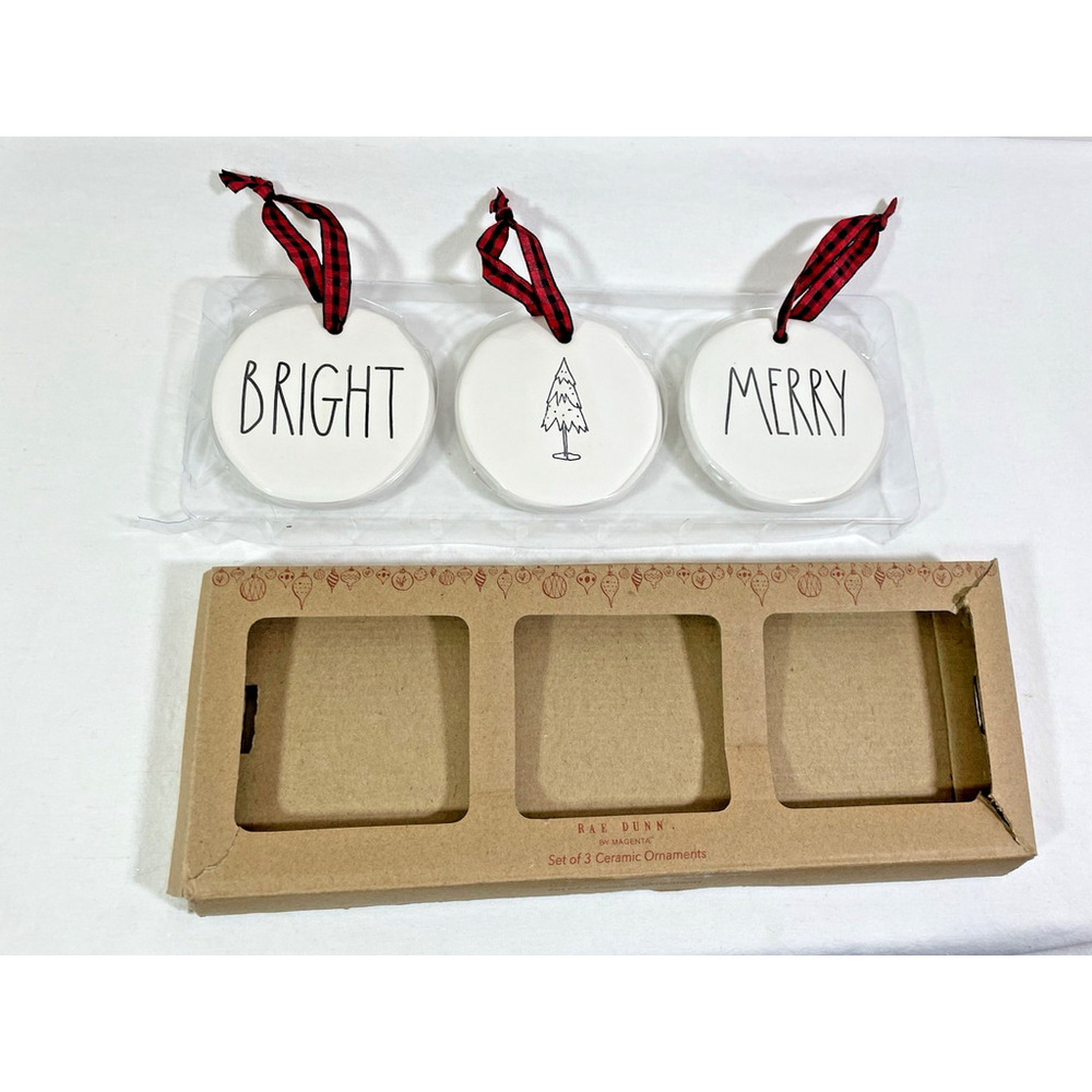 Rae Dunn by Magenta Merry Bright 3 Piece Set of Flat White Ceramic Ornaments